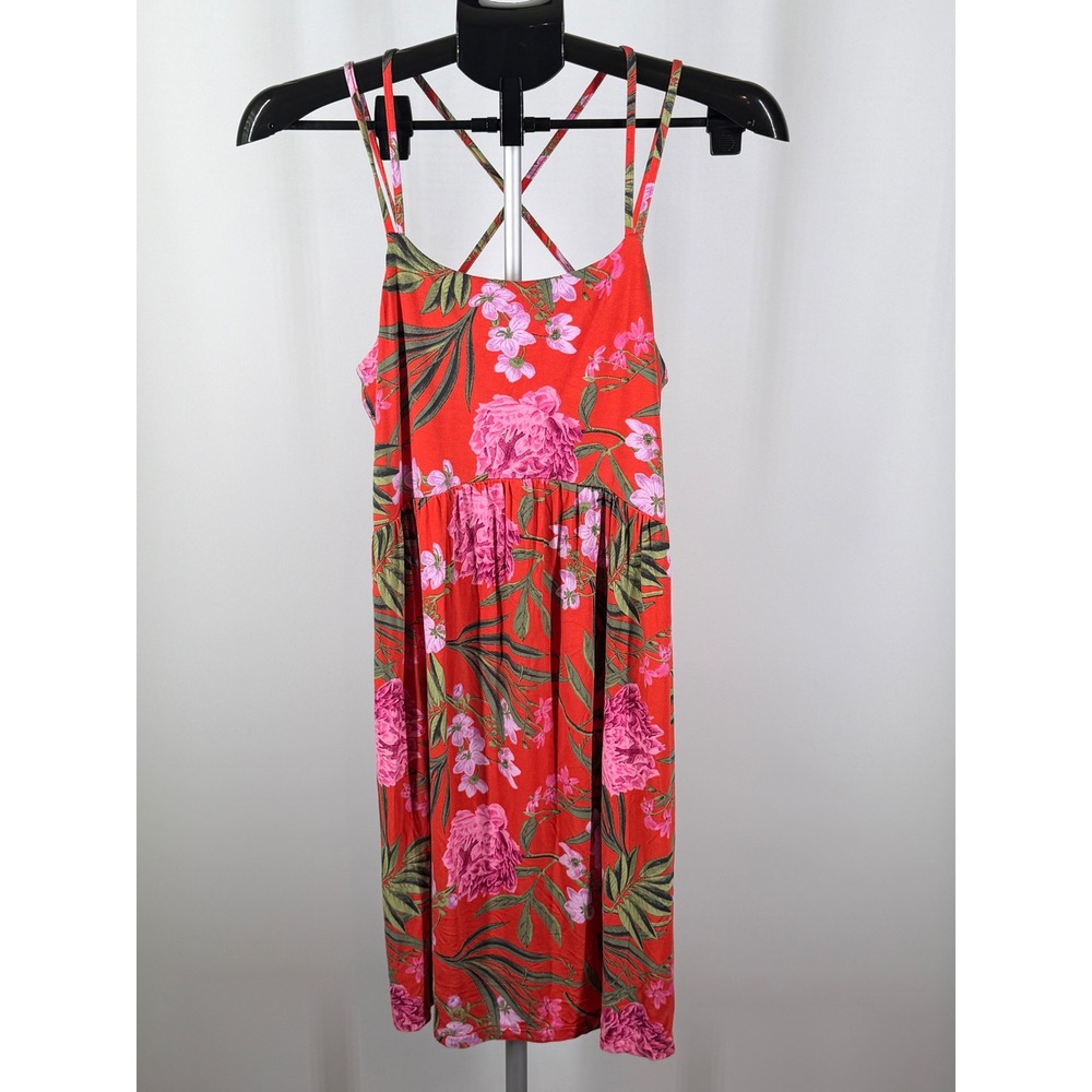 Old Navy Womens Floral Sun Dress Red Pink Tropical Strappy Back Jersey Knit M